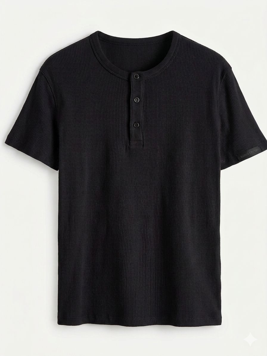 Ribbed Henley T-shirt-Black